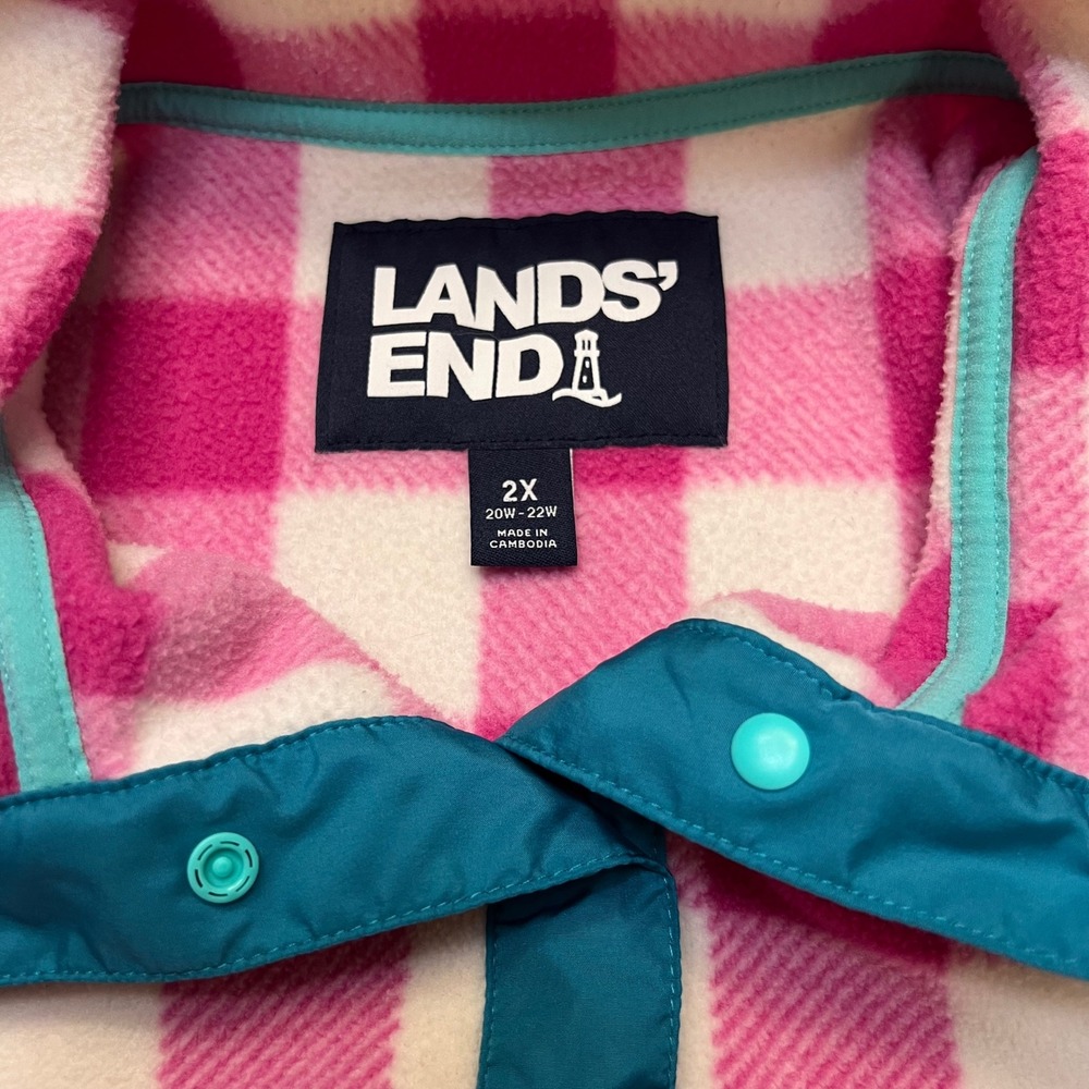 Lands' End Pink White Buffalo Check Coastal Preppy Fleece Pullover Size 2X - Picture 3 of 8